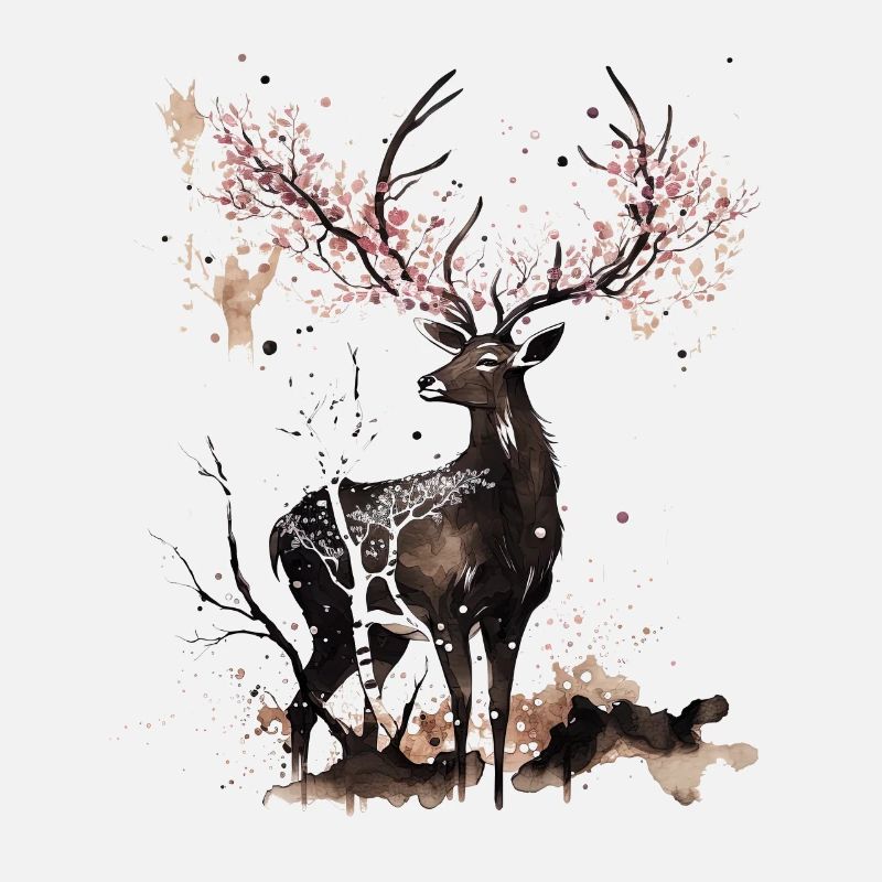 Deer Cherry blossoms Sakura tree Sumie