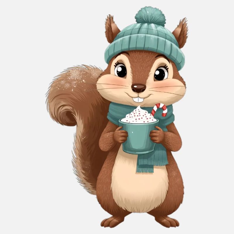 Winterliches Eichhörnchen mit Heißgetränk