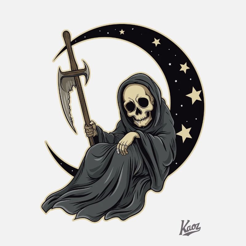 Little cute Grim Reaper sleeping on the moon