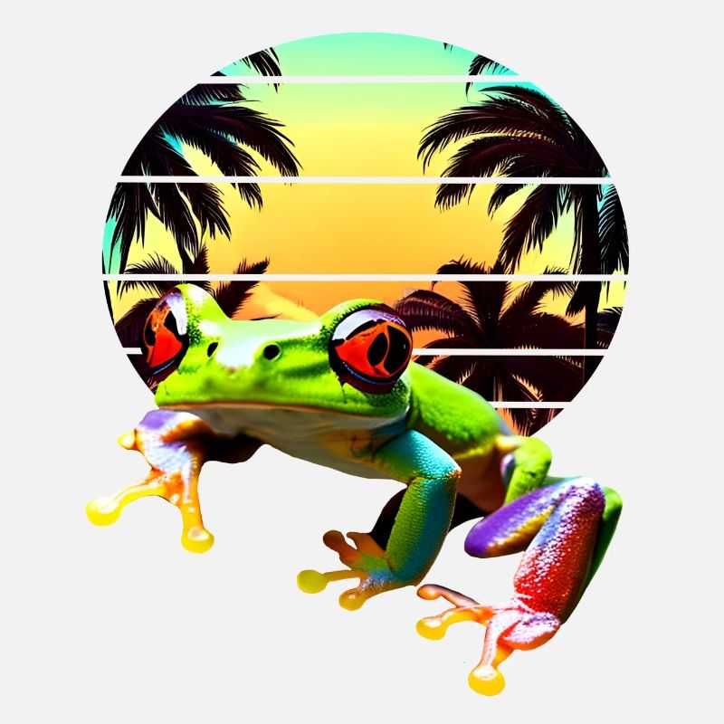 Red-eyed tree frog with palm trees sunset