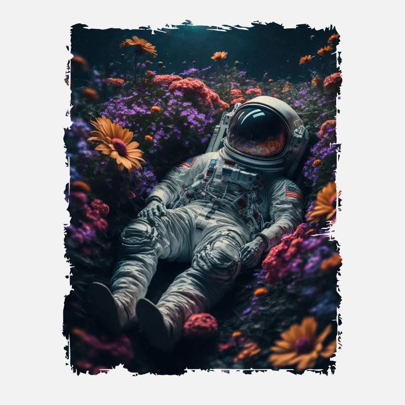 Astronaut liegend in Blumenfeld