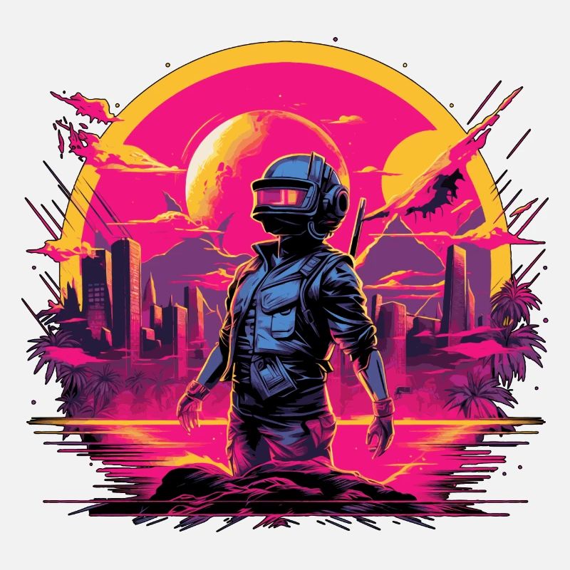 Adventurer in future planet synthwave 80s style
