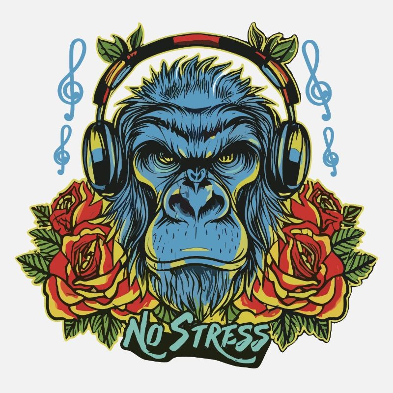 Gorilla mit Kopfhörer Lustiger Spruch NO STRESS