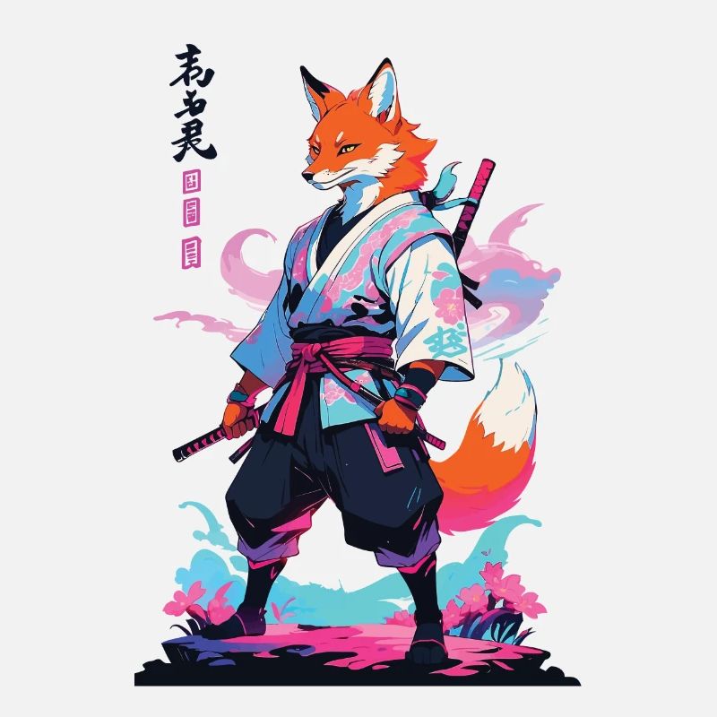 Kitsune Samurai Fox Aesthetic Vaporwave Style