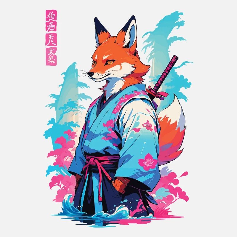 Kitsune Samurai Fox Aesthetic Vaporwave Style