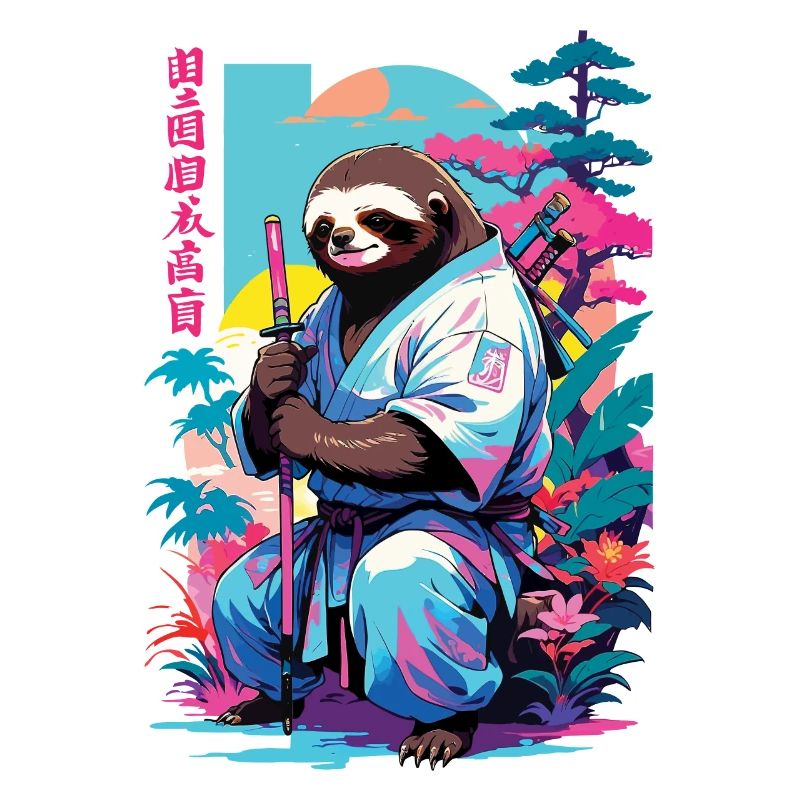 Samurai Sloth Aesthetic Vaporwave Style
