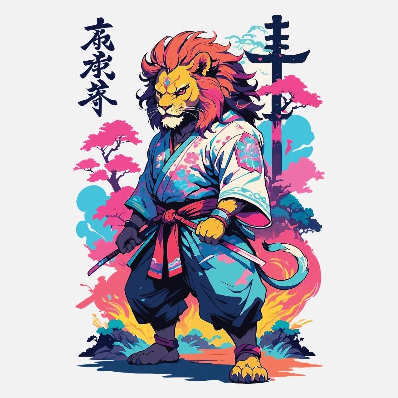 Samurai Lion Aesthetic Vaporwave Style Japan Art