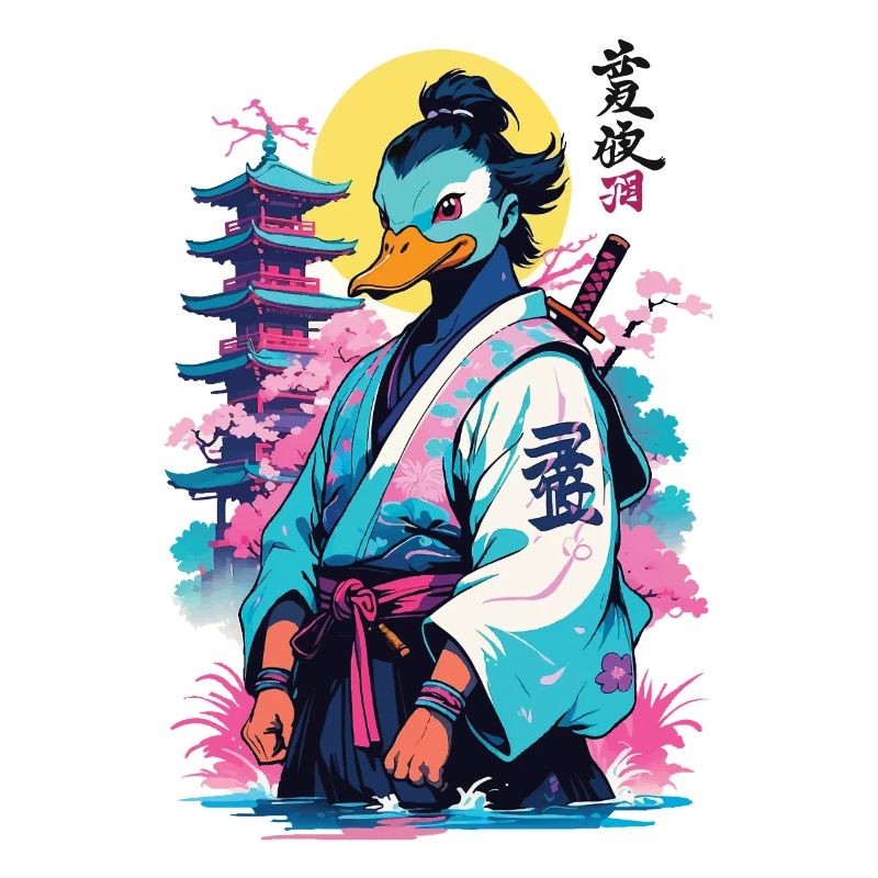 Samurai Duck In Aesthetic Vaporwave Style