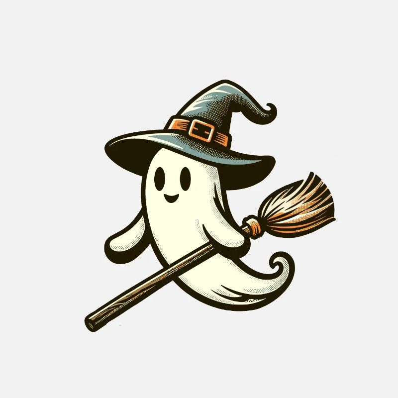 Funny Witch Spirit Witch Broom Vintage Art Style
