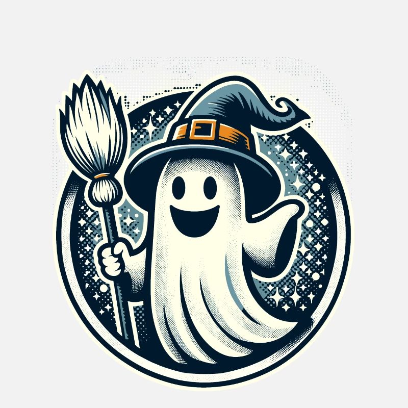 Funny Witch Spirit Witch Broom Vintage Art Style