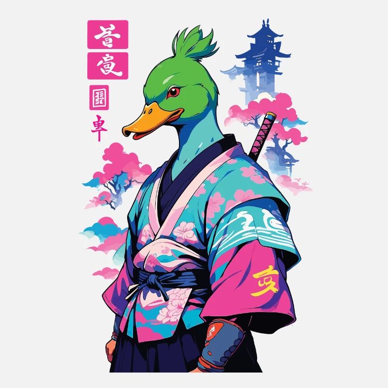 Samurai Duck in Aesthetic Vaporwave Style