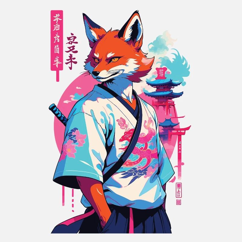 Kitsune Samurai Fox Aesthetic Vaporwave Style