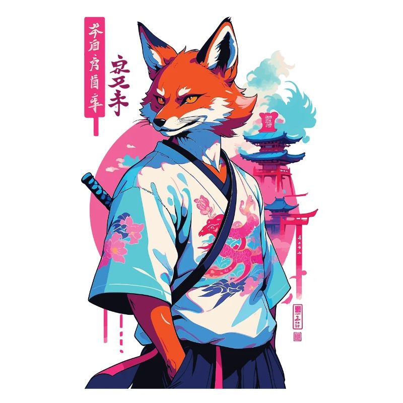 Kitsune Samurai Fox Esthétique Style Vaporwave