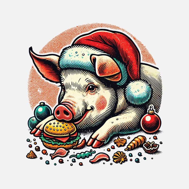 Greedy Christmas piglet in festive style