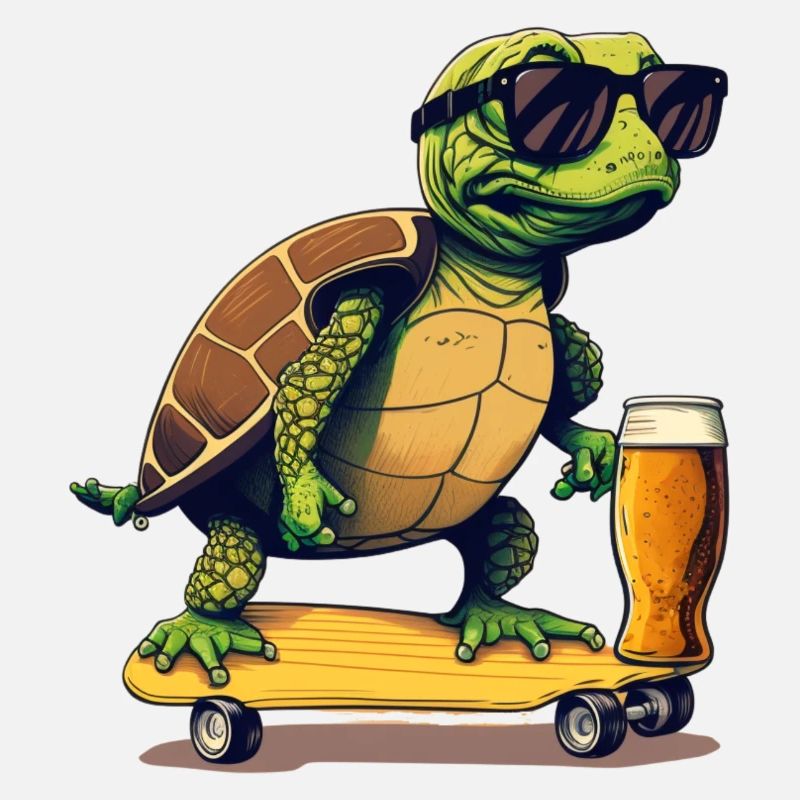 Turtle drinks beer on skateboard