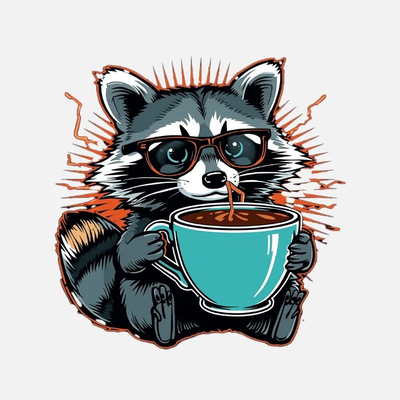 Überforderter Waschbär mit Kaffee
