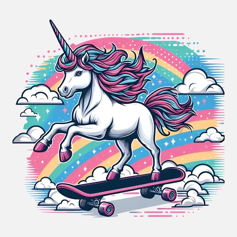 Une licorne joyeuse sur un skateboard