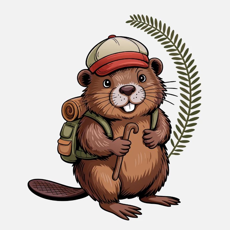 Funny beaver with hiking poles and backpack