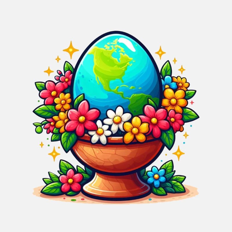 Die Erde in einem Eierglas mit Blumen drumherum