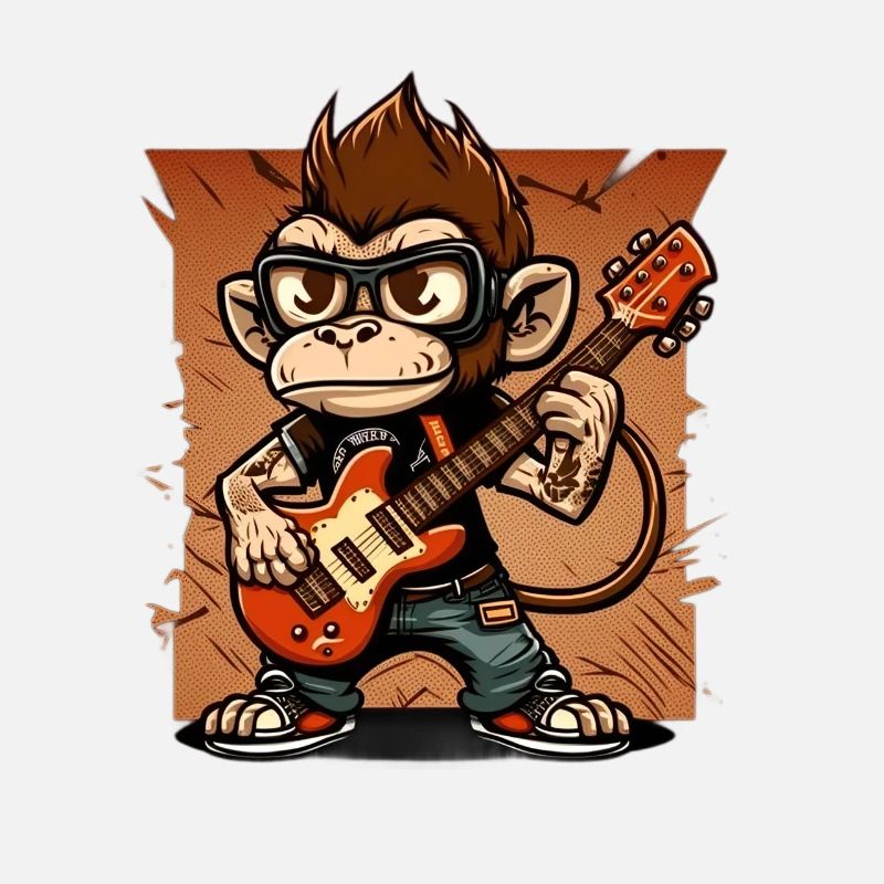 Affe Schimpanse spielt Acousitc Rock Gitarre