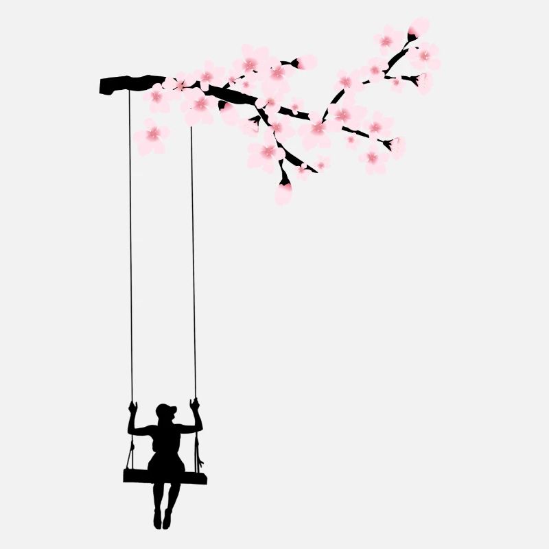 Femme balançoire sur un cerisier en fleurs