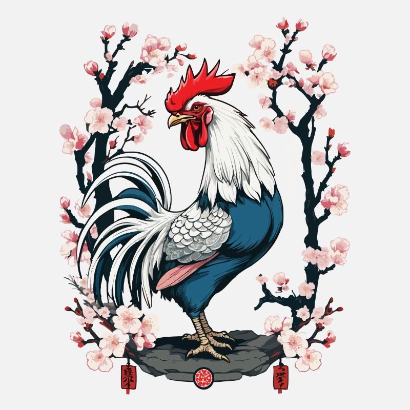 Asian Rooster Cherry Blossoms Aesthetic Design