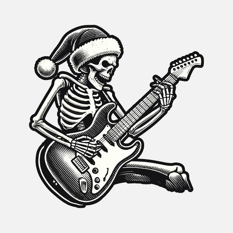 Skeleton rocks guitar with santa hat