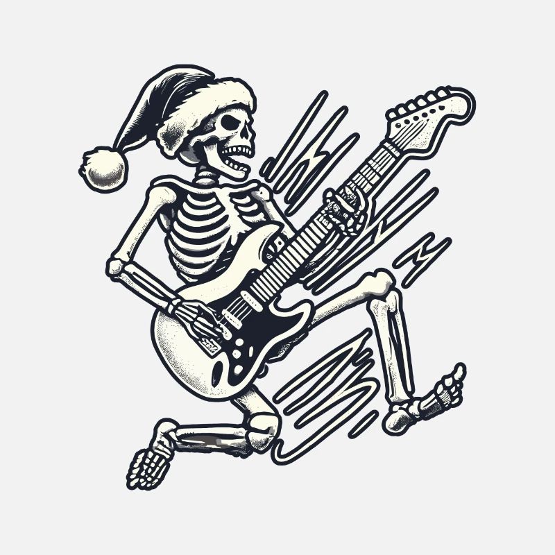 Skeleton With Santa Hat Rocks Guitar