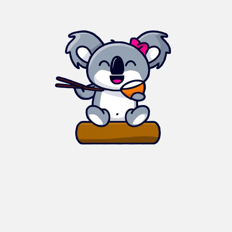 süßer Koala Bär Mädchen isst Nudeln mit Stäbchen