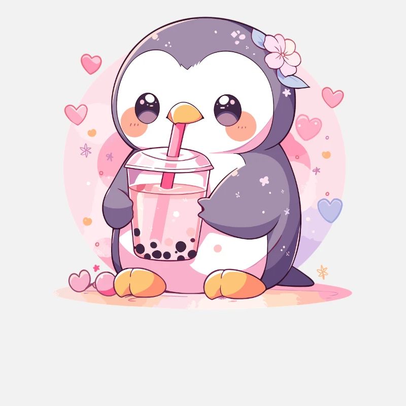 Kawaii Pingouin boit Boba Bubble Tea Chibi