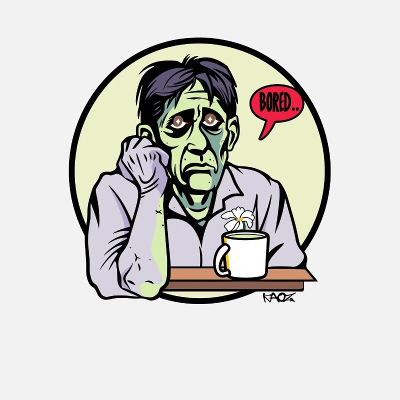 Zombie ennuyé avec du café et de la fleur