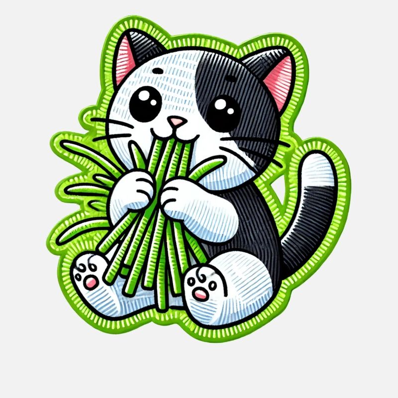 Cute Black & White Cat eating green grass