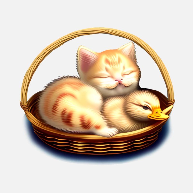 Cat sleeps with chicks in basket