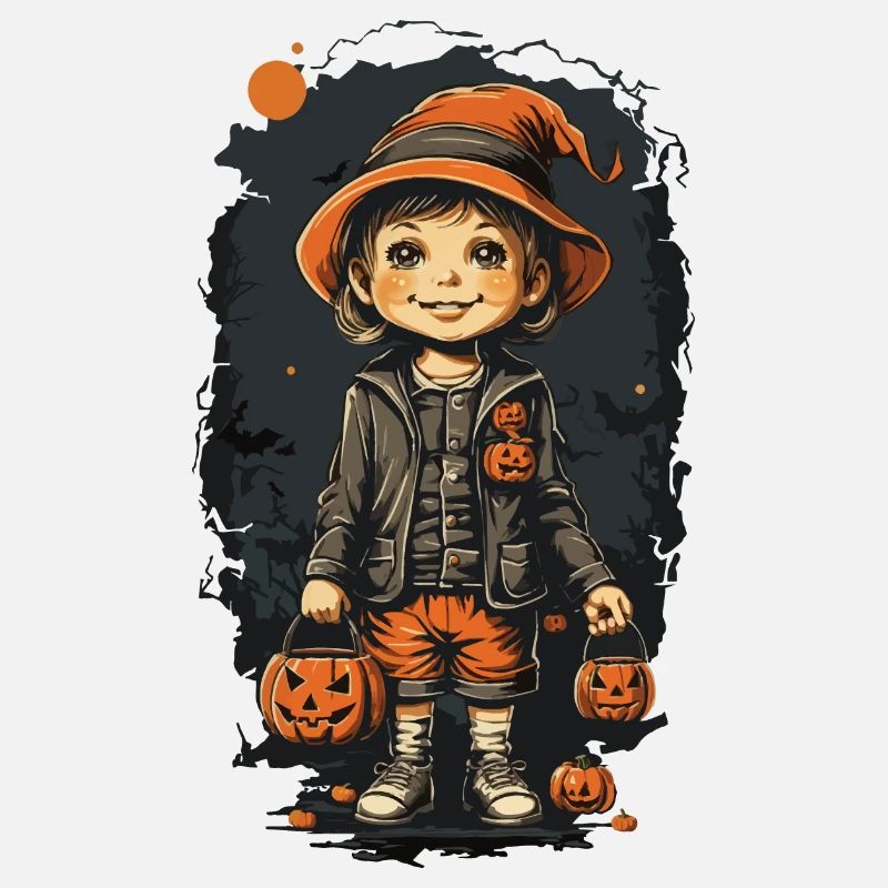 Retro Halloween Art Kid with Jack O'Lantern