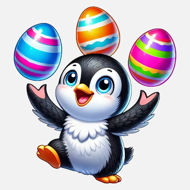 Pinguin jongliert bunte Ostereier Ostern
