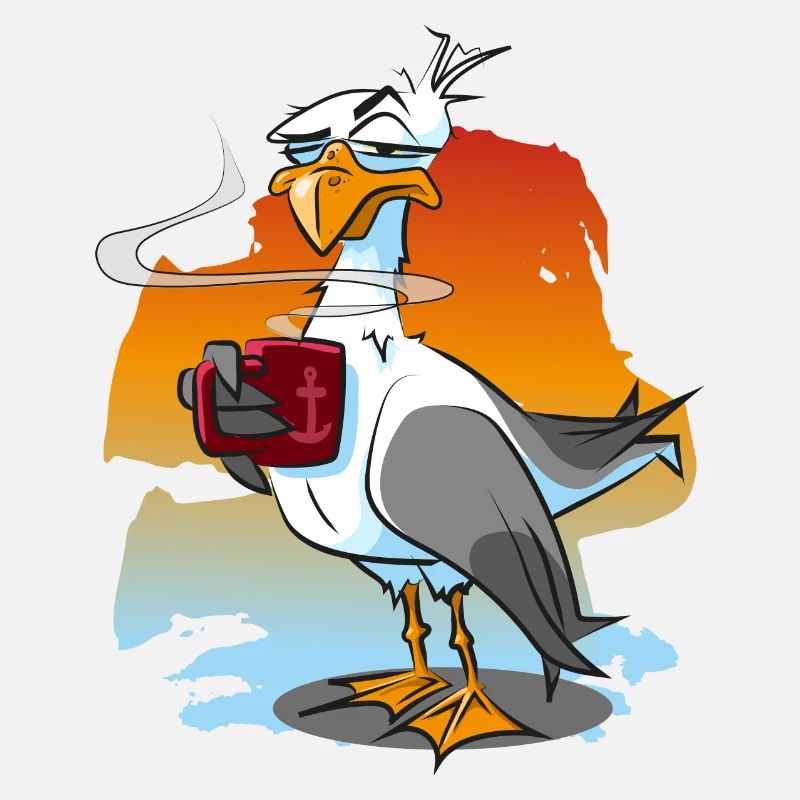 Drôle de mouette avec tasse de café, moewe