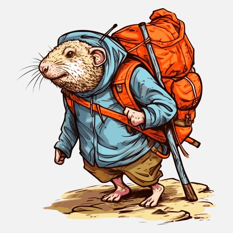 Mole rat wanders heavily packed with backpack