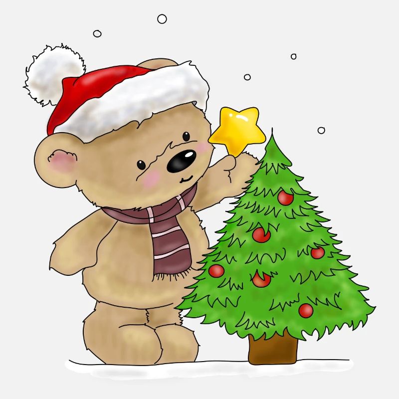 Bärchen schmückt Weihnachtsbaum