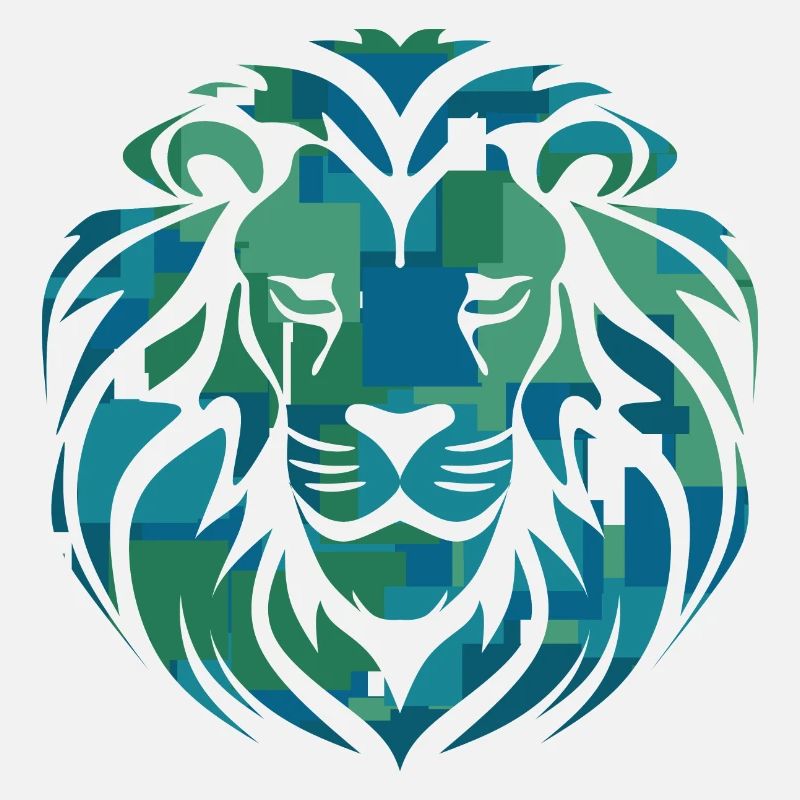 Tête de lion, bleu, vert, turquoise