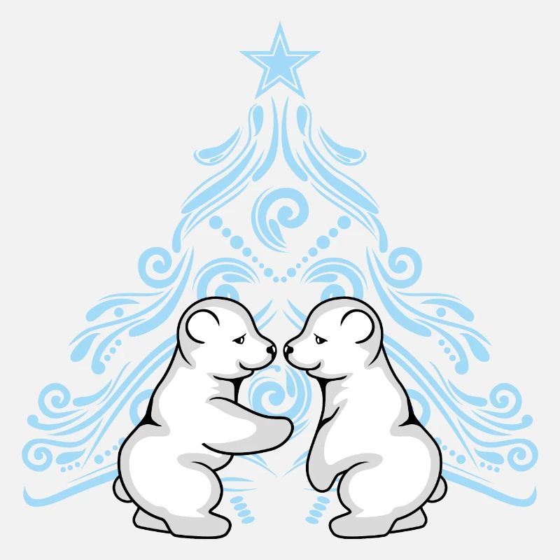Zwei Eisbärenbabys umarmen sich in der Nähe eines Weihnachtsbaums