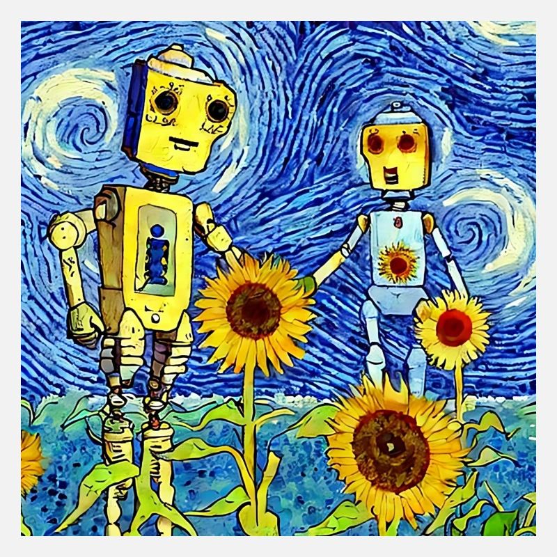 Robots se tenant la main dans un champ de fleurs du soleil