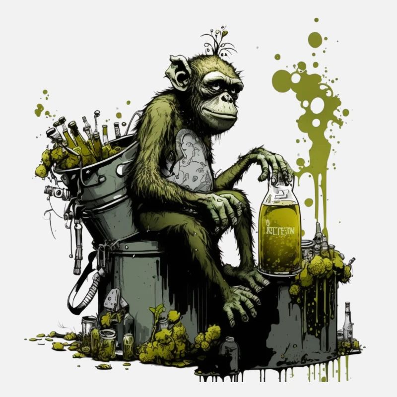 Chimpanzés devant la bouilloire de brassage, front spécial