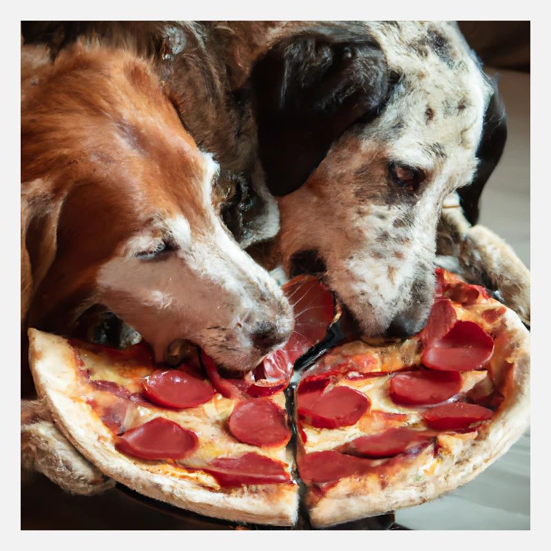 Deux chiens mangeant de la pizza salami