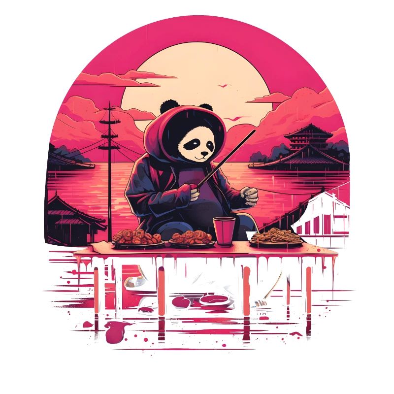Synthwave mangeant Panda Japon Coucher de soleil