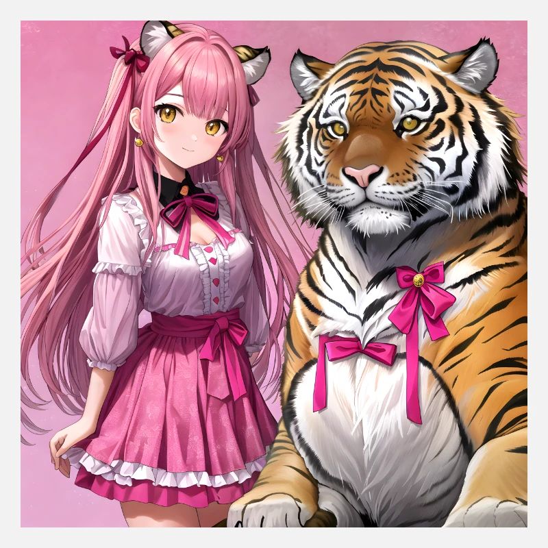 Anime-Mädchen mit Tiger auf rosa Hintergrund