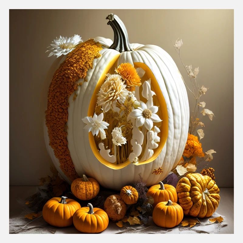 Citrouille d’Halloween avec fleurs blanches