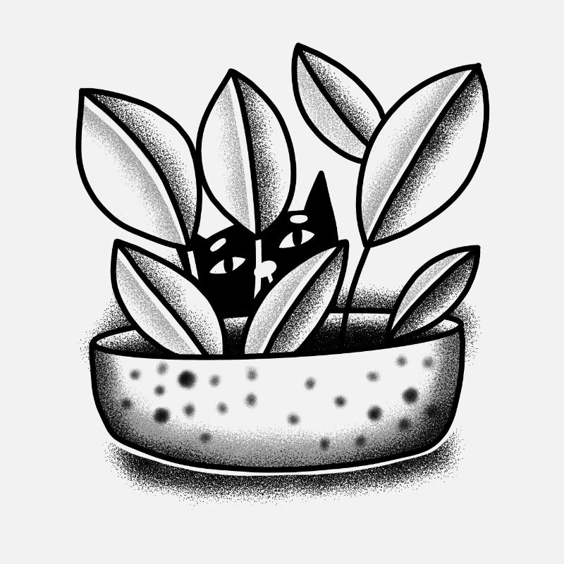 Chat mignon plat se cachant dans une plante en pot