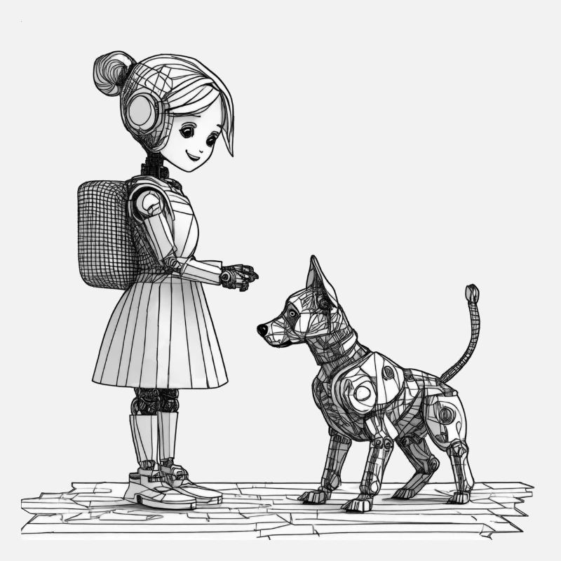 Cyborg Mädchen mit Roboter Hund