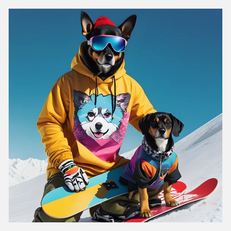 Dogs on a snowboard