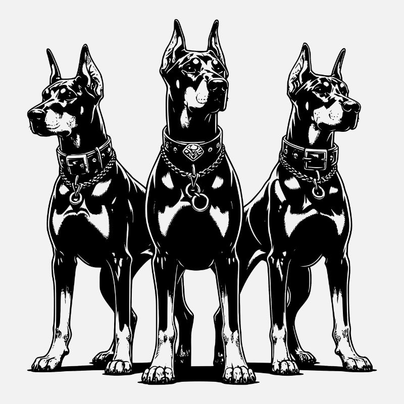 Three Dobermans dogs alert and attentive